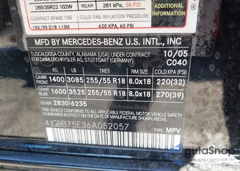 2006 Mercedes-Benz Ml 500 4Matic из США, поврежденный, VIN 4JGBB75E36A052057